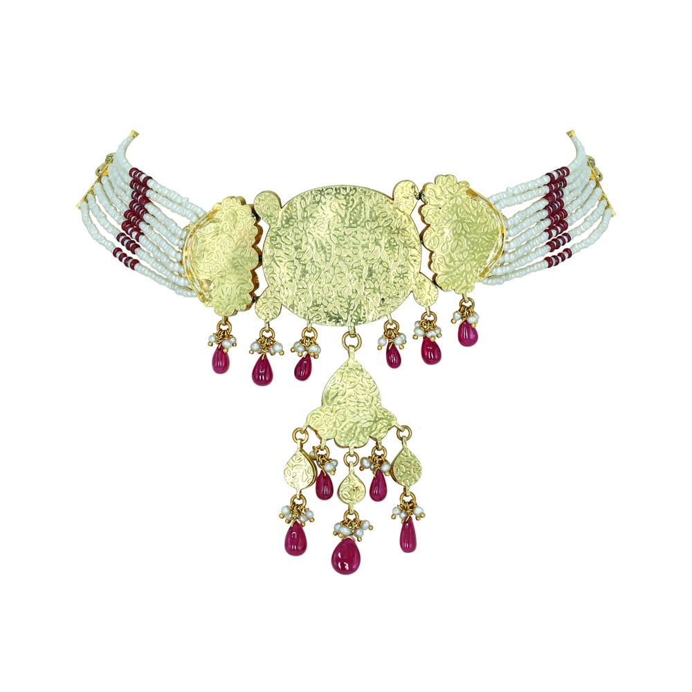Oval Polki Choker with Floral Motifs, Ruby Drops, and Pearl Accents
